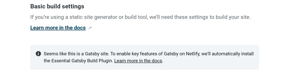 build settings Gatsby integration support message